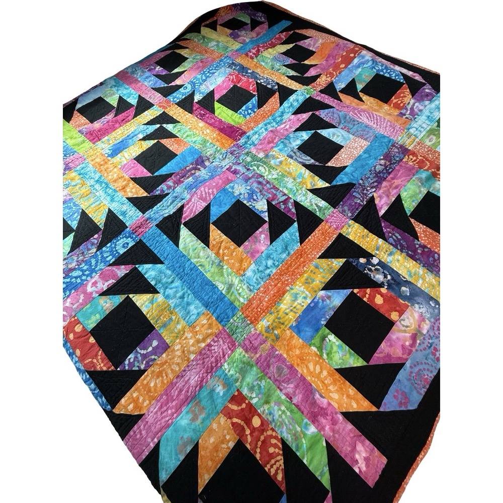 Handmade Pineapple Blossom Batik Quilt 56x56 Colorful Patchwork